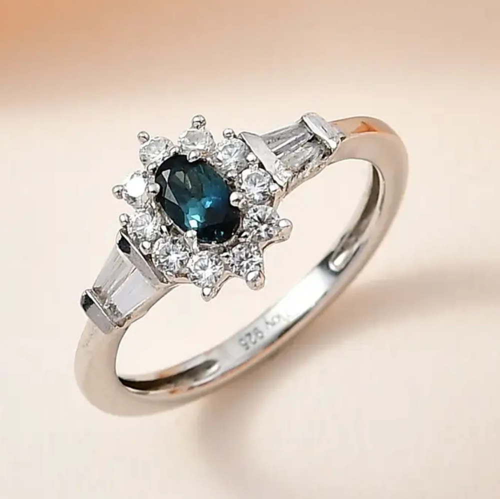 NWOT VERY RARE  Genuine Monte Belo Indicolite and White Zircon Sunburst Ring